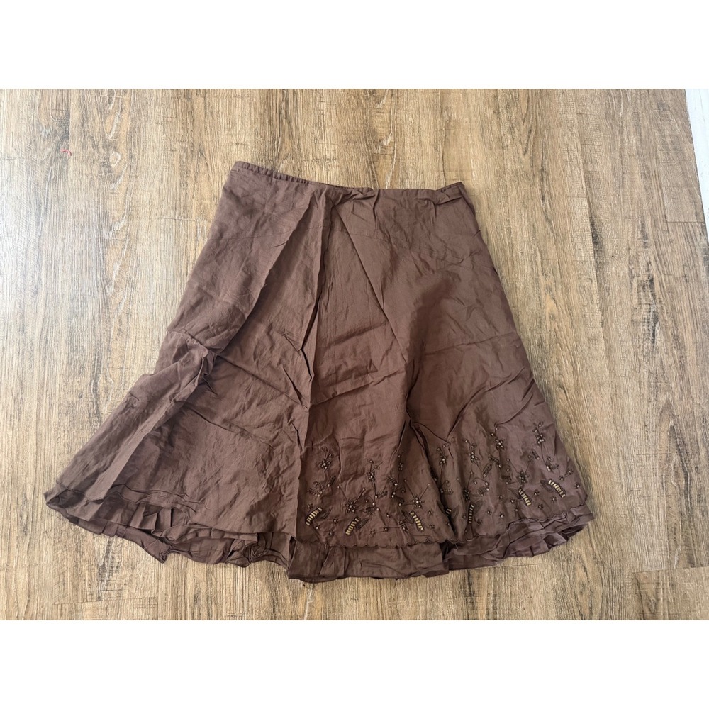 Focus 2000 Brown Beaded Floral Embroidered Cotton Midi Skirt Size 16 Boho